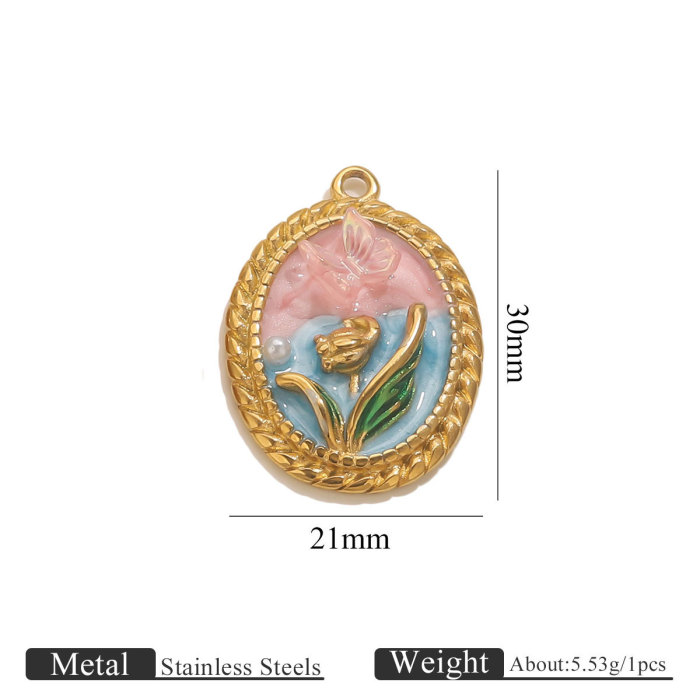Stainless Steel Oil Painting Flower Pearl Series Pendant DIY Fashion Clothing Pendant Bracelet Necklace Accessories