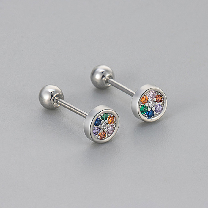 New Round Colored Diamond Stud Earrings for Women, Screw Back, Sleep-Friendly, No Need to Remove, Light Luxury, Niche Design Sense Earrings for Women