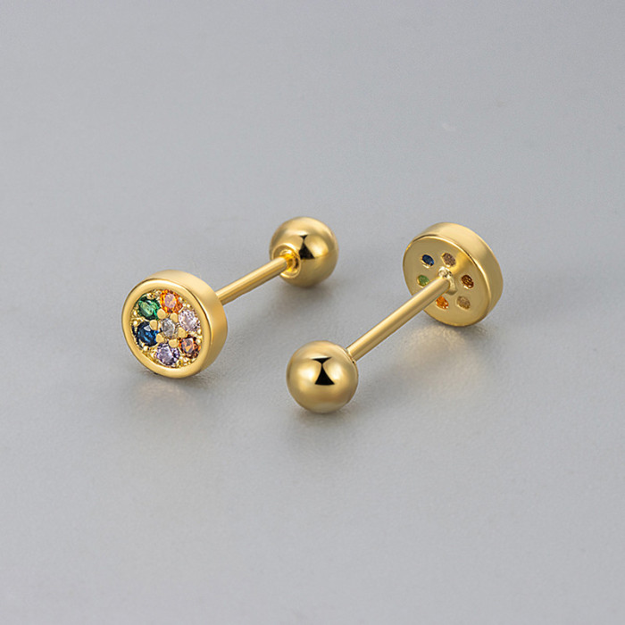 New Round Colored Diamond Stud Earrings for Women, Screw Back, Sleep-Friendly, No Need to Remove, Light Luxury, Niche Design Sense Earrings for Women