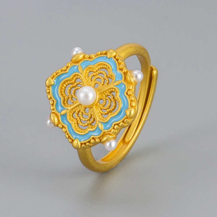 New Chinese Style Filigree Four-Leaf Clover Pearl Ring for Women, Niche Design Enamel Color Index Finger Ring, 2025 New Model Ring