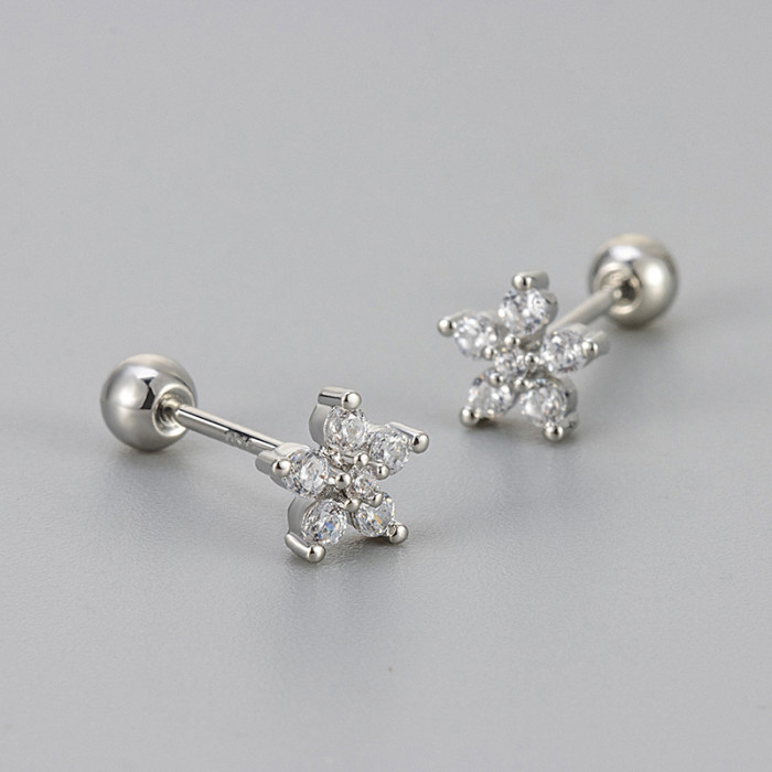European and American Cross-Border Super Shiny Micro-Inlaid Zircon Five-Petal Flower Screw Twist Earrings Ear Bone Fine Needle No Removal Mini Hot-Selling Versatile