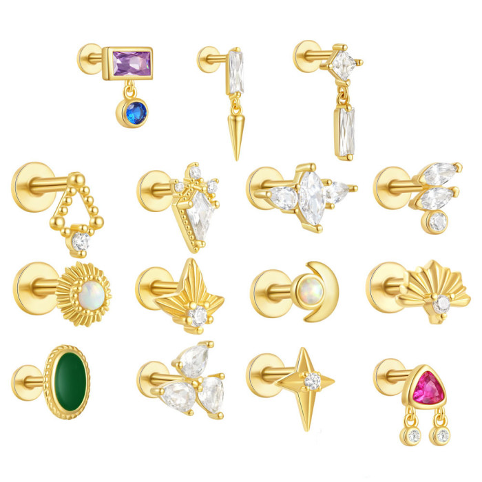 Flat Screw Twist Earrings Triangle Water Drop Opal Square Pattern European and American Cross-Border Fashionable Earrings High-End Earrings