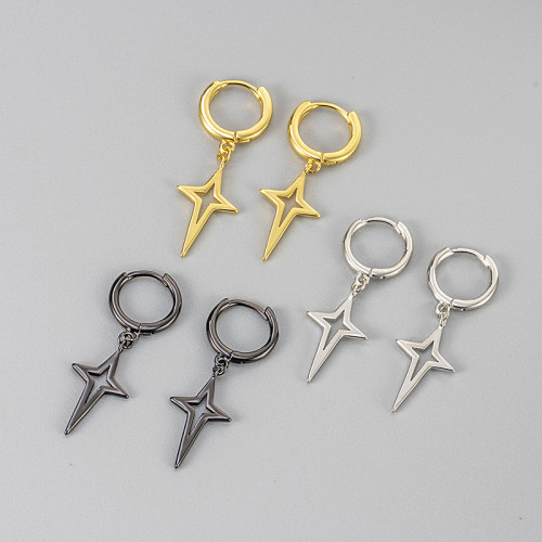 Foreign Trade Hot-Selling Four-Pointed Star Earrings Niche Design High-End Feel Unisex Stud Earrings Vintage Minimalist Style Hoop Earrings Jewelry