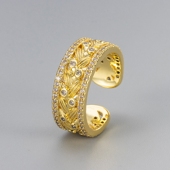 New Chinese Style Retro Luxurious Golden Autumn Wheat Spike Stone-Inlaid Ring Fashionable Elegant Vintage Brushed A...