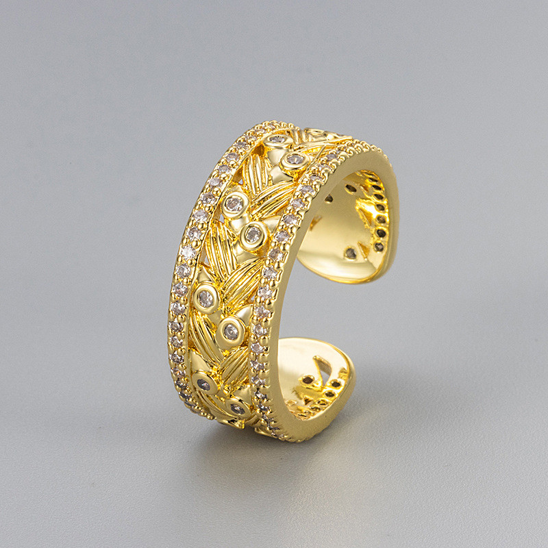 New Chinese Style Retro Luxurious Golden Autumn Wheat Spike Inlaid Diamond Ring Fashionable Elegant Vintage Brushed Adjustable Index Finger