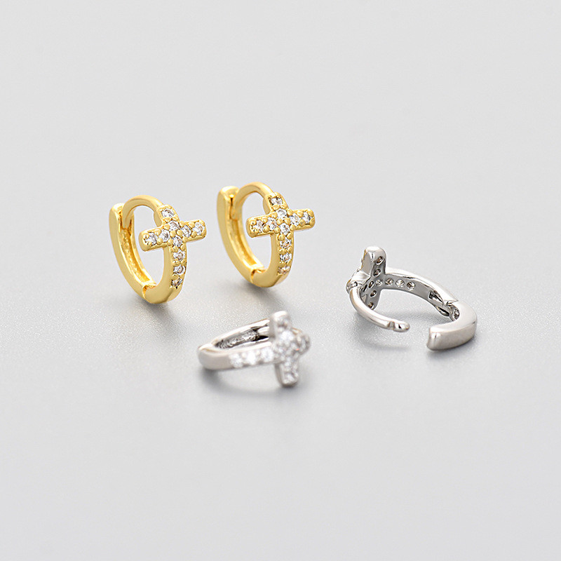 Amazon Inlaid Diamond Cross Earrings Niche Design High-end Sense Ear Buckle Small Mini Minimalist Style Ear Jewelry Ear Hoop