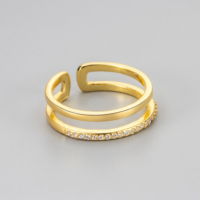 European and American Cross-Border Diamond-Encrusted Geometric Ring for Women, Simple Design, Niche Daily Versatile Double-Layer Open Index Finger Ring
