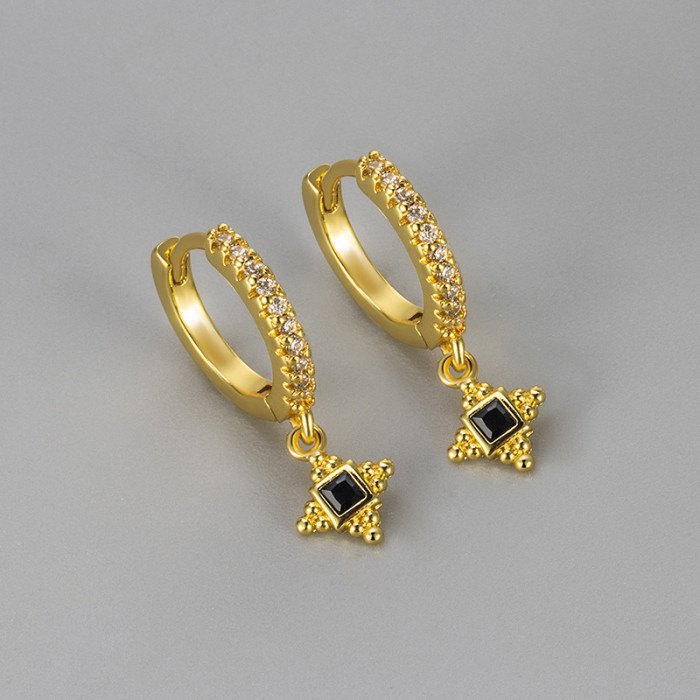 Black Pointed Stone Four-Pointed Star Earrings Versatile Sweet Stone-Inlaid Rhombus Fashion Personality Earrings...