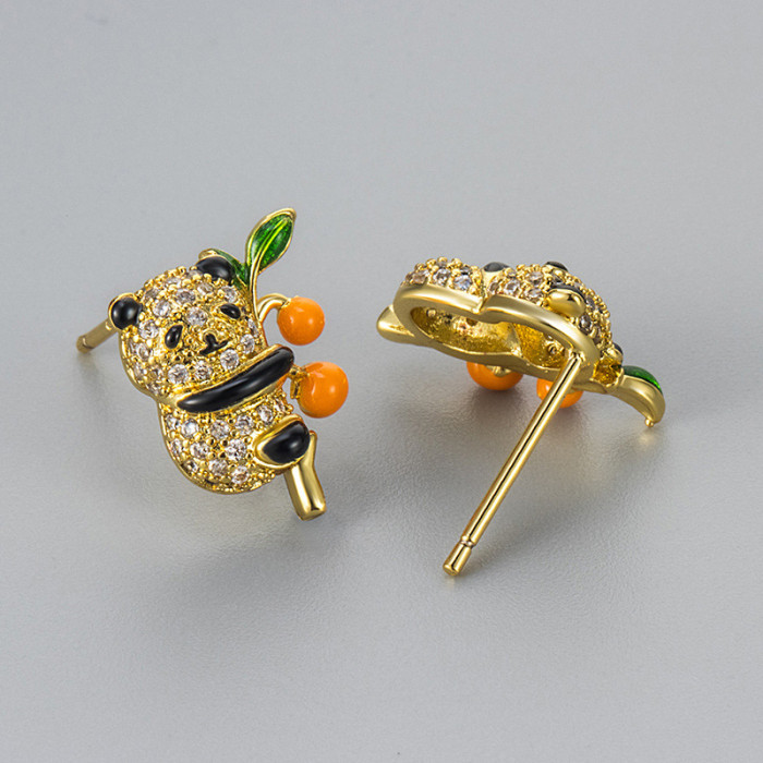 2025 New Zircon Little Panda Persimmon Ruyi Earrings for Women Unique Design Exquisite Ear Jewelry