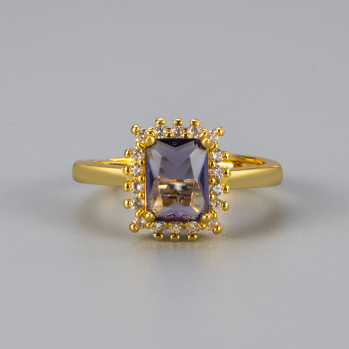Cross-Border Hot-Selling Square Colorful Zircon Ring for Women, Elegant Versatile Adjustable Open Vintage Design Index Finger Ring