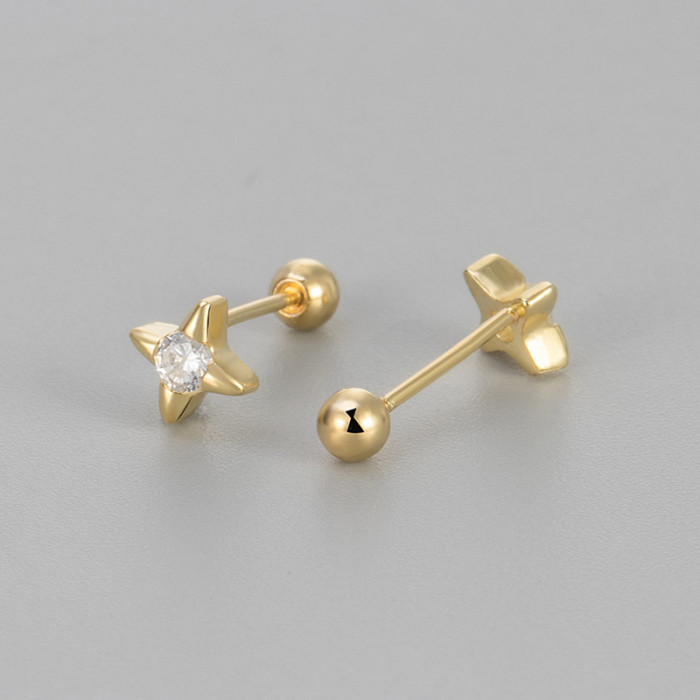 New Four-Pointed Star Screw Back Stud Earrings Simple and Petite Diamond-Studded Four-Pointed Star Sleep-Friendly No-Remove Earrings Jewelry