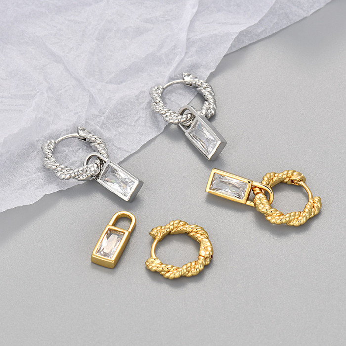 Style Braided Twist Hoop Earrings with Square Stone Pendant, Versatile French Style High-End Exquisite Earrings for...