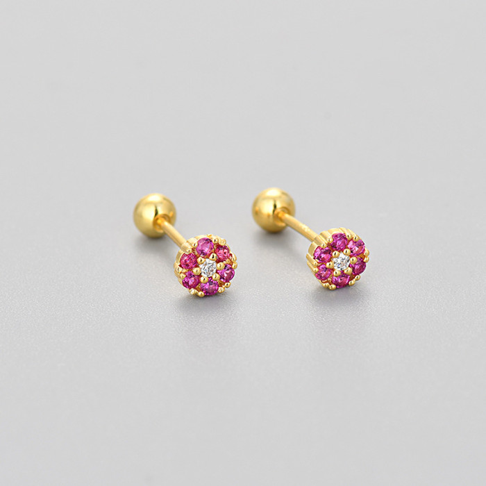 Korean and Japanese Style Colorful Zircon Flower Screw-On Women's Earrings Exquisite Small Fashionable Versatile High-End Ins Style Earrings
