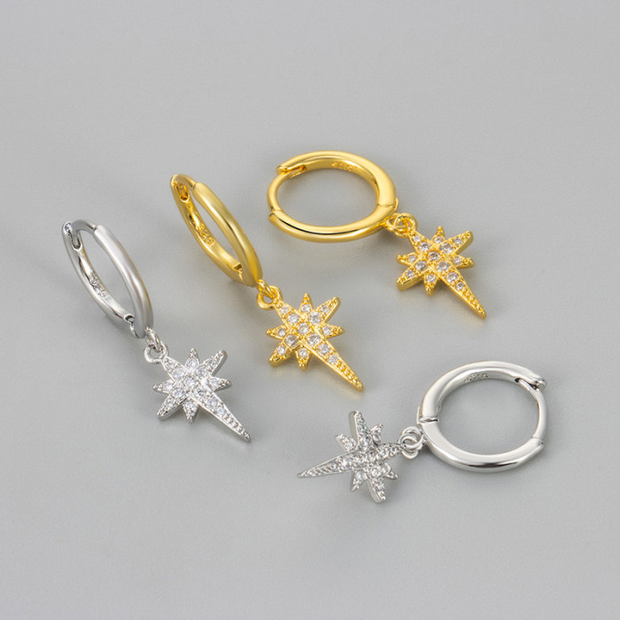 New Long Eight-Pointed Star Earrings Micro Inlaid Zircon Earrings Ear Clips for Women Fashion Korean Version Exquisit...