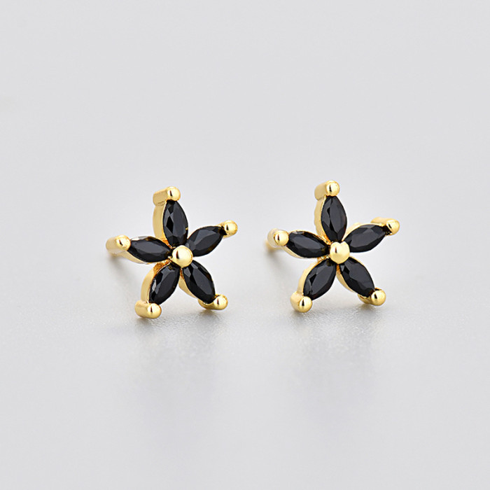 Colorful Stone Five-Petal Flower Marquise Stone Earrings for Women Flower Zircon Niche Design Trendy Stone-Inlaid...