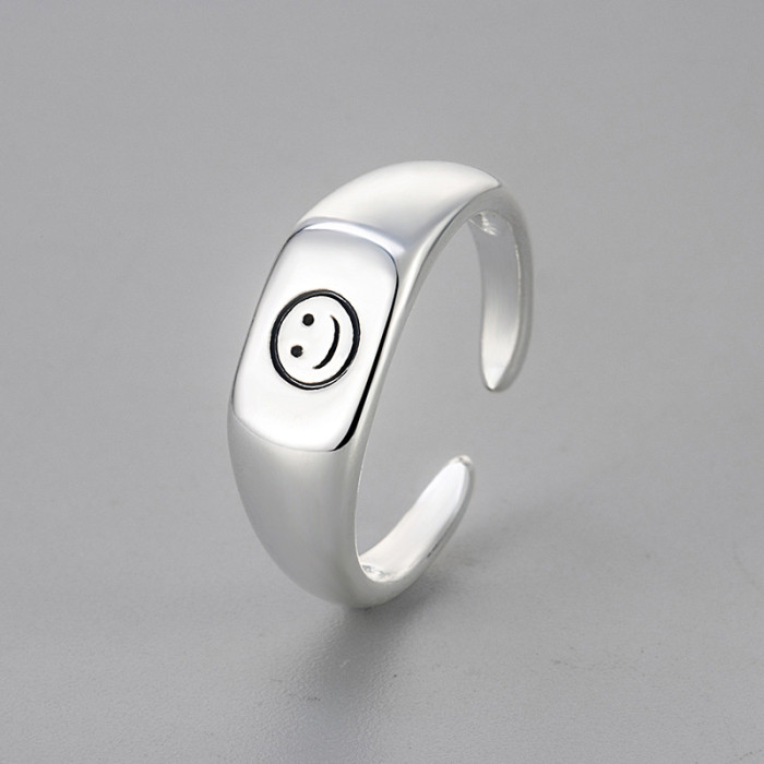 Korean Style Elegant Versatile Niche Design Smiley Face Index Finger Ring Fashion Open Ring Simple Ring Women's Accessories European and American