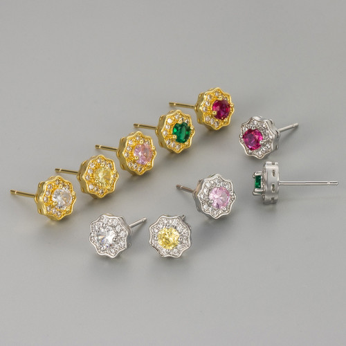 New High-End Round Flower Zircon Earrings for Women Commuting European and American Fashion Stud Earrings Minimalist Style Cross-Border Jewelry for Women