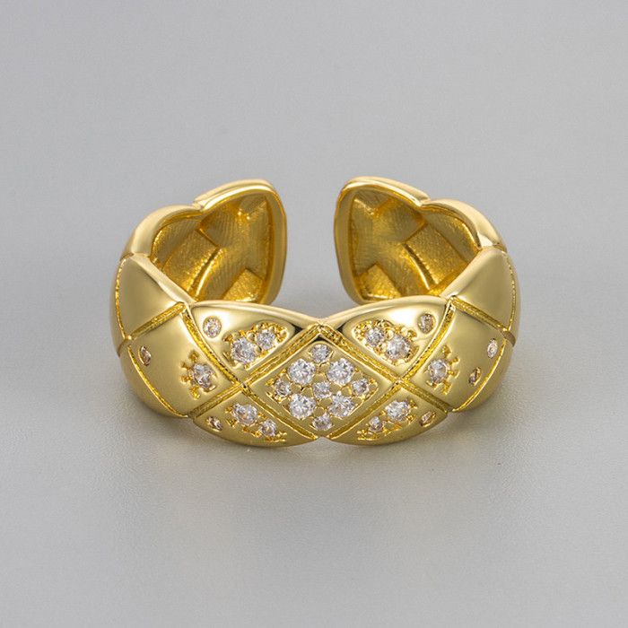 2025 New Small Chanel Style Diamond Ring Rhombus Pattern Sparkling Diamond Open Adjustable Silver Simple High-end Cool