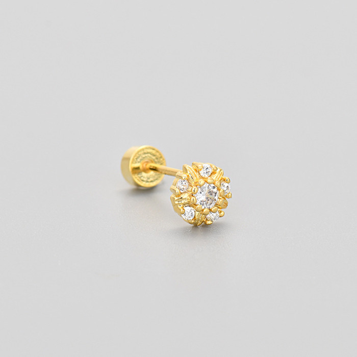 Flat Bottom Piercing Screw Twist Earrings for Women, Cross-Border Super Shiny Micro-Inlaid Zirconia Fan-Shaped Round Earrings, Simple Versatile Ear Jewelry