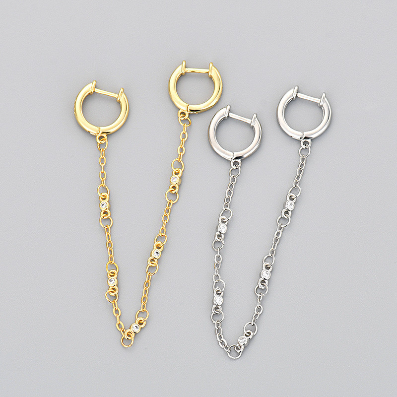 European and American Cross-Border Unisex Ear Care Straight Rod Double Ear Hole Earrings Ear Clips Ear Hoops Inlaid with Diamonds Long Earrings Exquisite