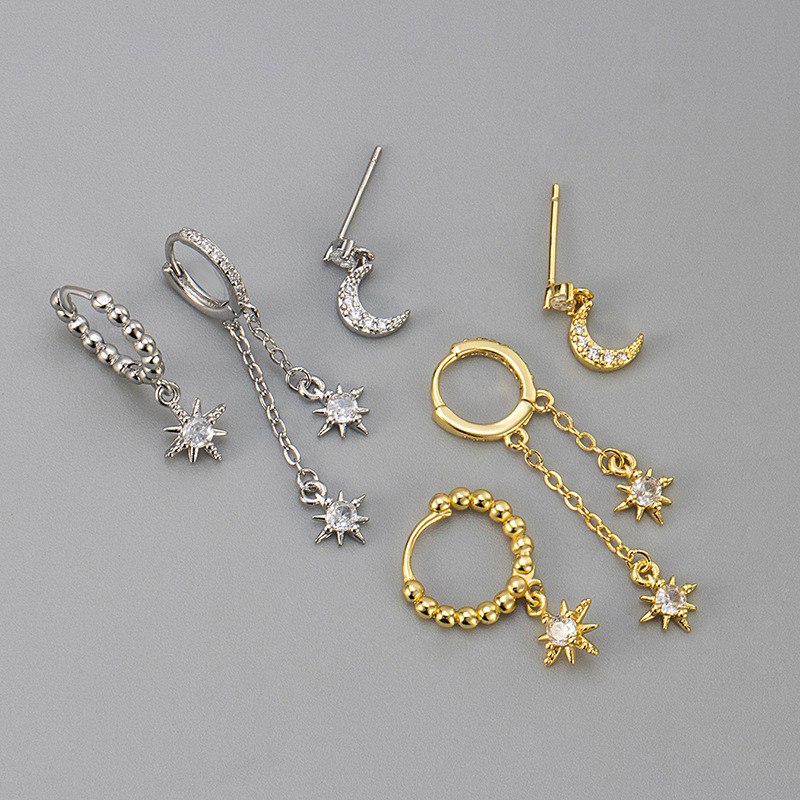 European and American Cross-Border Star and Moon Chain Tassel Earrings Hexagram Personality Fashion Zircon Stud Earrings Set for Women