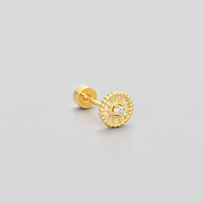 Flat Bottom Piercing Screw Twist Earrings for Women, Cross-Border Super Shiny Micro-Inlaid Zirconia Fan-Shaped Round Earrings, Simple Versatile Ear Jewelry