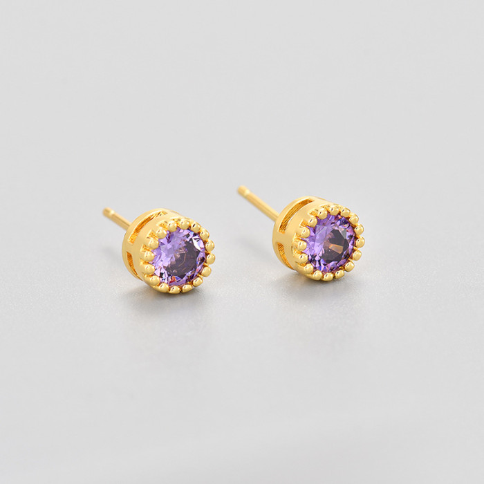 2024 New High-End Earrings Round Zircon Colorful Cool Hip-Hop American Style Unisex Small Earrings
