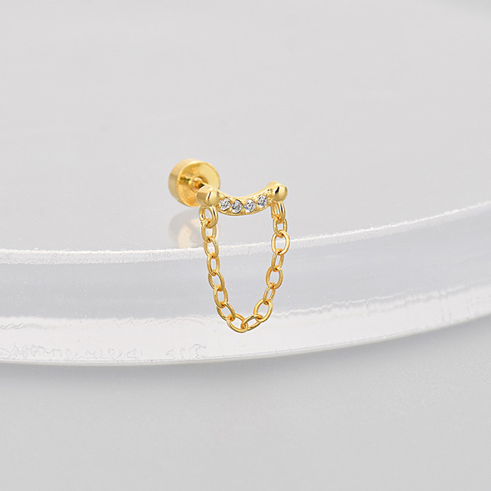 Flat Bottom Piercing Screw Twist Earrings for Women, Cross-Border Super Shiny Micro-Inlaid Zirconia Fan-Shaped Round Earrings, Simple Versatile Ear Jewelry