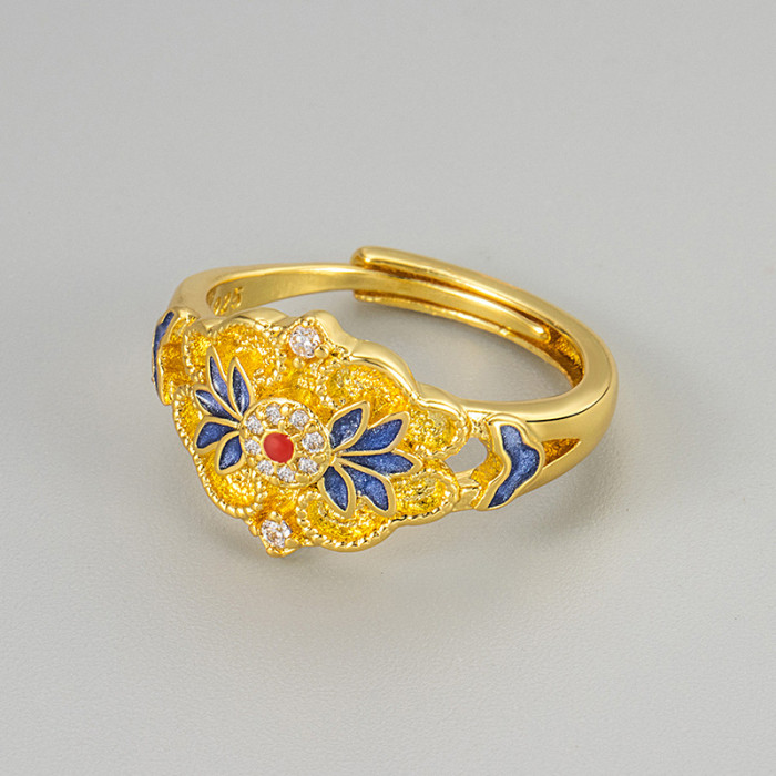 New Chinese Style Enamel Resin Ring Light Luxury High-end Retro Palace Style Exquisite Temperament Versatile Index Finger Ring