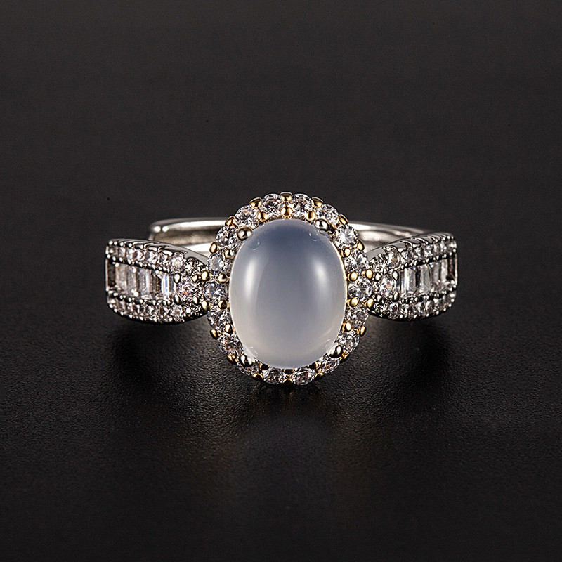 New Open Imitation White Chalcedony Ring Unique Design Tail Ring Elegant High-end Adjustable Women's Fashion Style