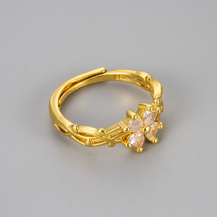 Retro Micro Pave Zircon Four-Leaf Clover Ring for Women Fashionable Personality Vine Wrap Adjustable Flower Index Fin...