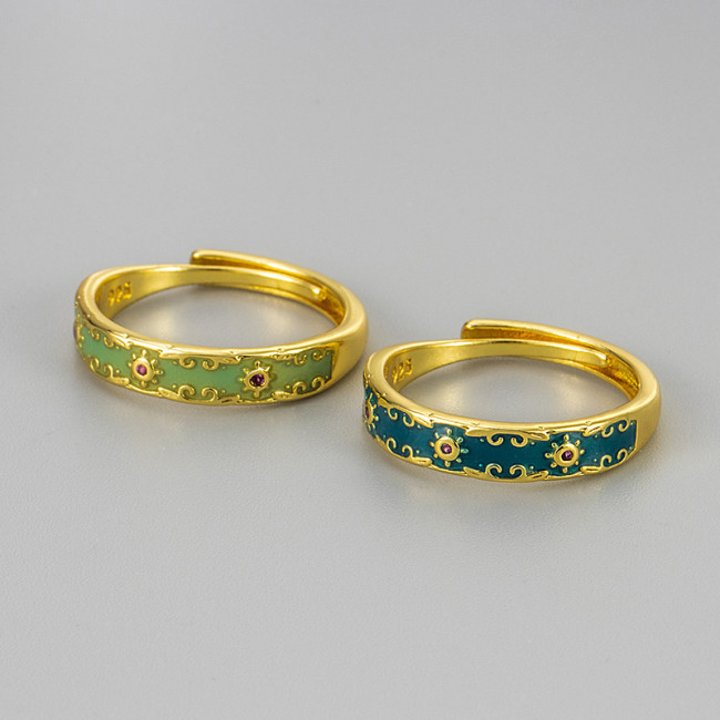 New Ancient Style Peacock Green Enamel Ring with Beautiful Patterns, Niche Design, High-end Feel, Elegant Open Ring f...