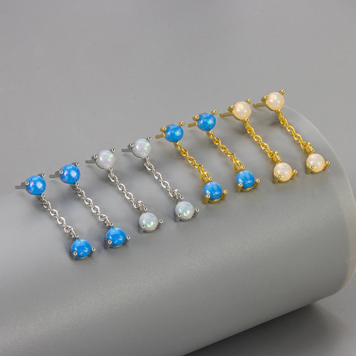 European and American Cross-Border New Imitation Blue Opal Tassel Earrings for Women, Niche Design, Versatile Fashionable High-End Earrings