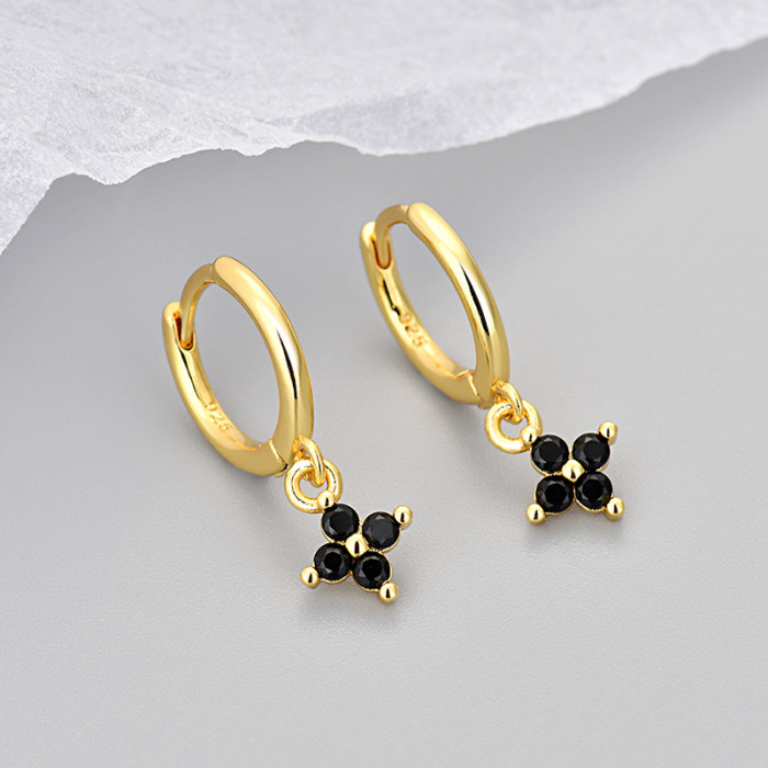 Stone-Inlaid Four-Leaf Flower Earrings for Women Geometric Flower French Fashion Sweet Versatile Earrings French Li...