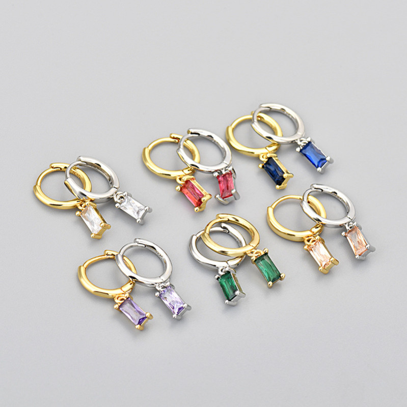 European and American Foreign Trade Cross-Border Simple Rectangular Colorful Zircon Earrings for Women, Elegant Fashionable Everyday Versatile Trendy Earrings