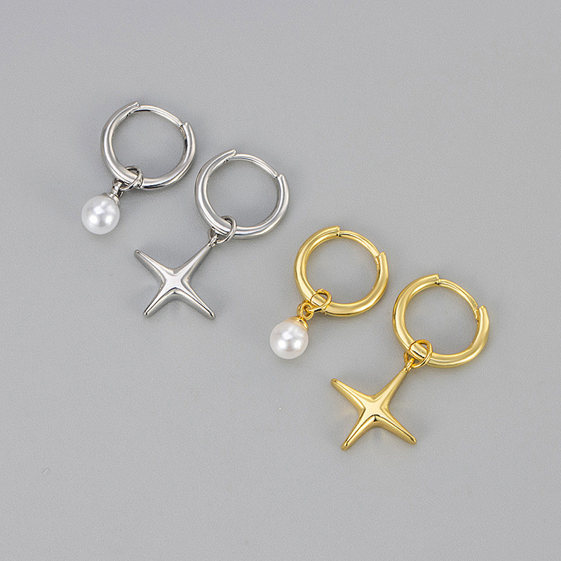 Asymmetric Four-Pointed Star Hoop Earrings for Women, Niche Design, High-End Feel, Simple and Exquisite Fashion, Versatile and Popular Export Jewelry