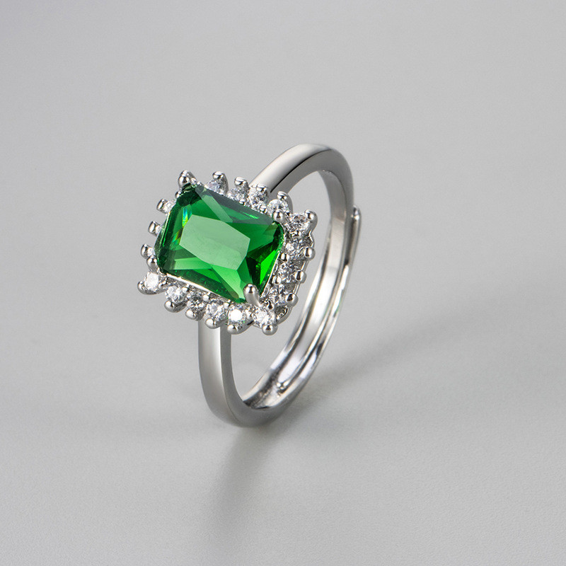 Cross-Border Hot-Selling Square Colorful Zircon Ring for Women, Elegant Versatile Adjustable Open Vintage Design Index Finger Ring