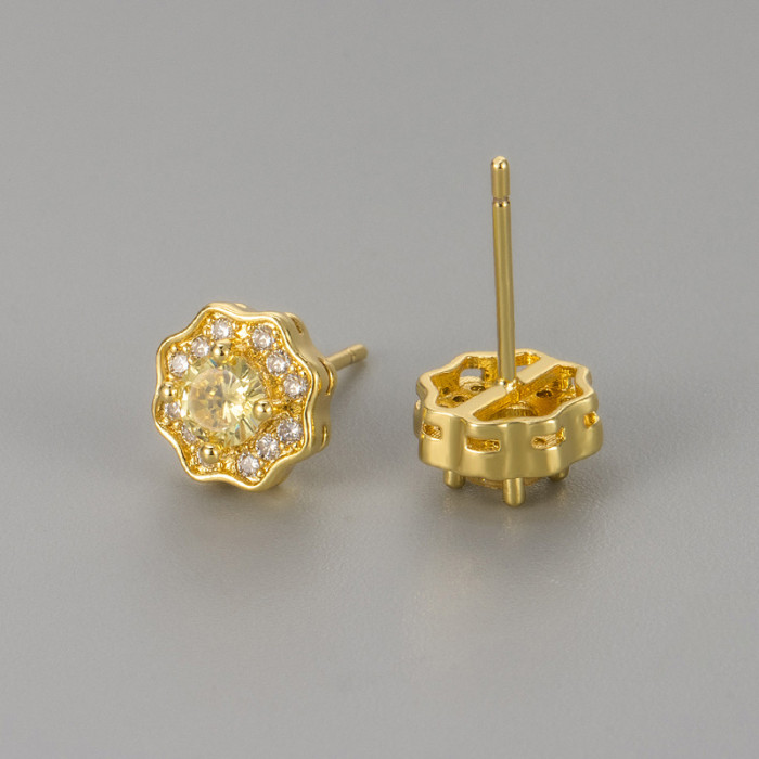 New High-End Round Flower Zircon Earrings for Women Commuting Fashion Stud Earrings Minimalist Style Jewelry for Women