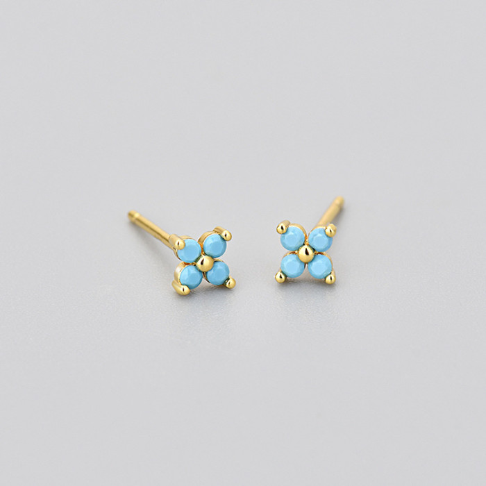 Sweet Four-Leaf Flower Earrings Multi-Colorful Zircon Flower Earrings for Women Small Mini Hot-Selling Direct Sales