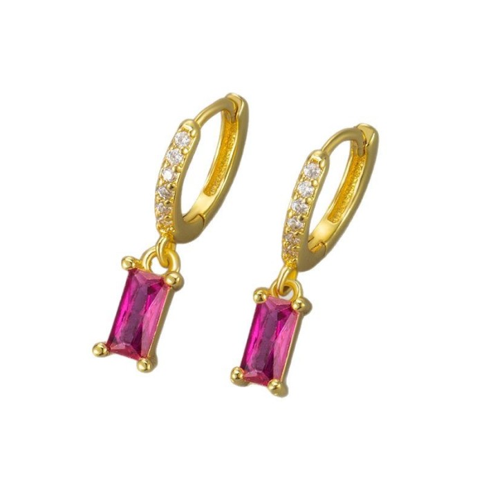 Geometric Stone-Inlaid Rectangular Colorful Zircon Earrings for Women Simple Stone-Inlaid Fashion Hoop Trendy Sty...