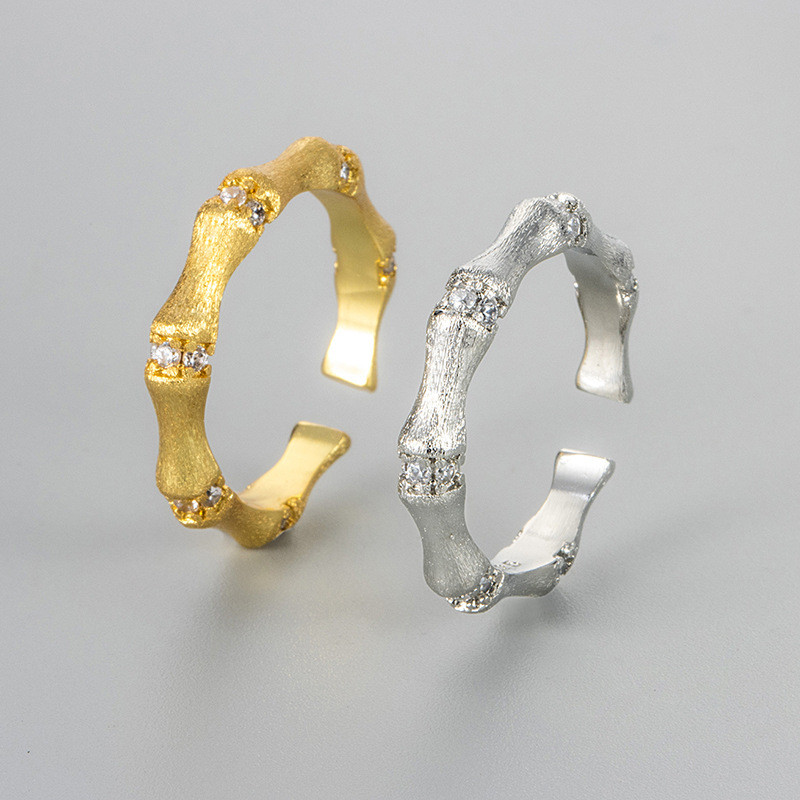 Vintage Brushed Bamboo Knot Inlaid Diamond Ring for Women Simple Luxurious Open Index Finger Ring Retro Light Luxury Exquisite Ring
