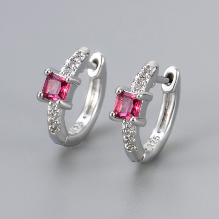 Foreign Trade Colorful Stone Square Earrings for Women, Niche Design, Micro-Inlaid Zircon, Vintage Hoop Earrings, F...