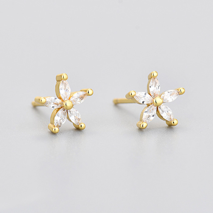 Colorful Stone Five-Petal Flower Marquise Stone Earrings for Women Flower Zircon Niche Design Trendy Stone-Inlaid...