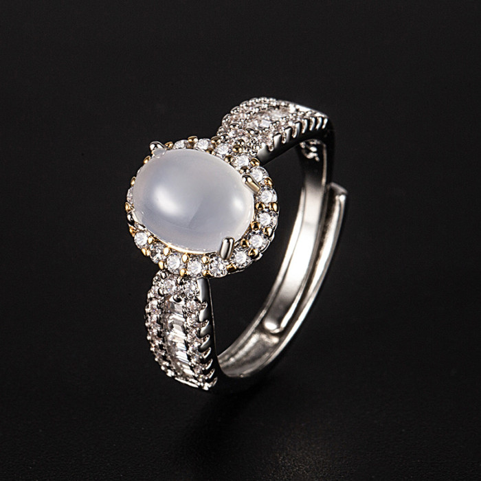 New Open Imitation White Chalcedony Ring Unique Design Tail Ring Elegant High-end Adjustable Women's Fashion Style