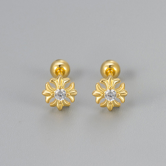 Vintage Cross Inlaid Diamond Screw Twist Earrings Super Shiny Mini Screw Helix Studs Exquisite Simple Earrings Ear Bone Studs