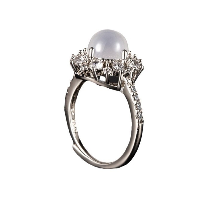 White Chalcedony Ring for Women, Niche Design, Light Luxury, High-End Feel, Adjustable Round Surface Index Finger Rin...