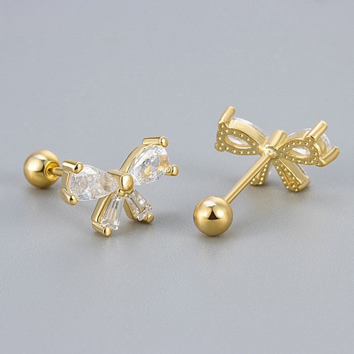 2024 New European and American Style Sparkling Diamond Bow Zircon Screw Twist Earrings Niche Design High-end Sense Hoop Earrings Wholesale