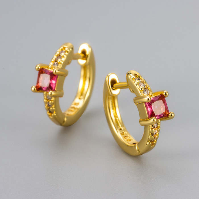 Foreign Trade Colorful Stone Square Earrings for Women, Niche Design, Micro-Inlaid Zircon, Vintage Hoop Earrings, F...