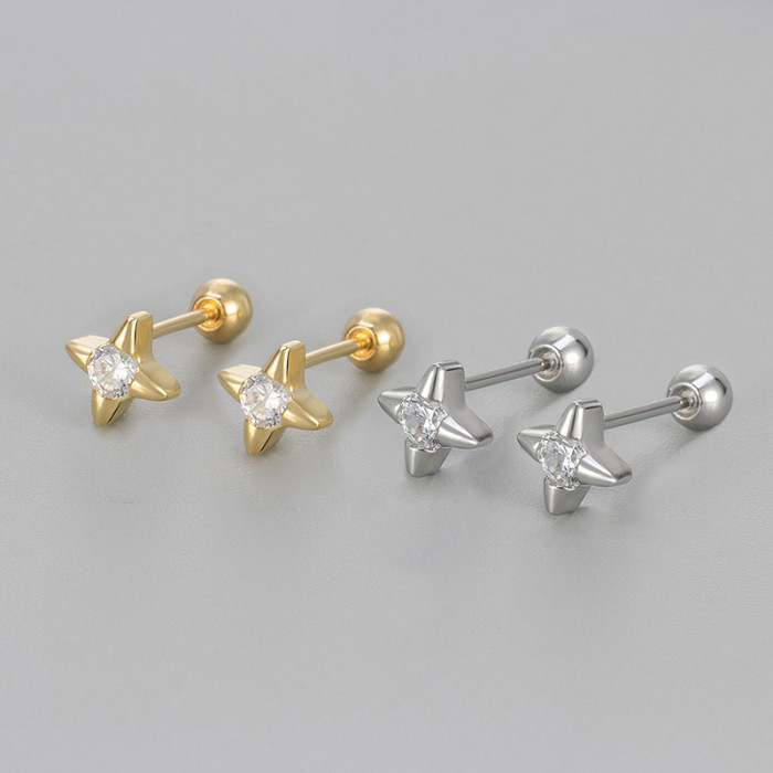 New Four-Pointed Star Screw Back Stud Earrings Simple and Petite Diamond-Studded Four-Pointed Star Sleep-Friendly No-Remove Earrings Jewelry