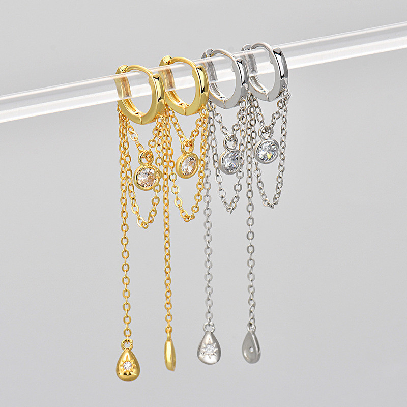 European and American Cross-Border Water Drop Tassel Ear Cuffs Earrings Ear Studs Ear Hoops Zircon Long Earrings Niche Design French Retro